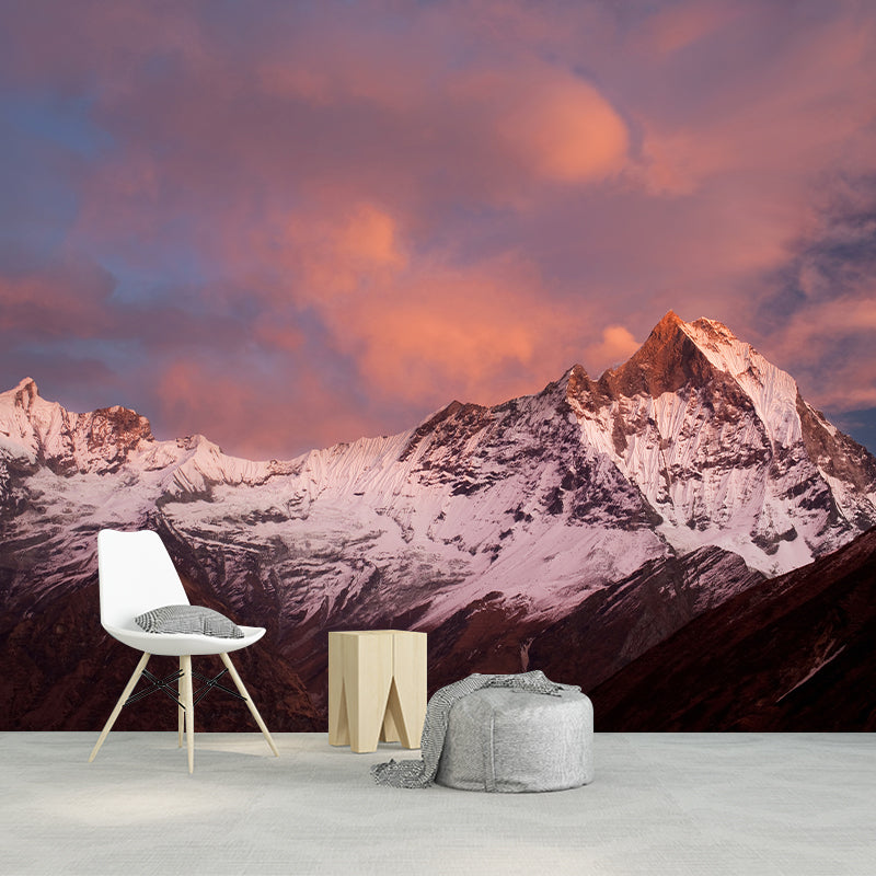 Snow Mountain at Dusk Mural Wallpaper Pink-Blue Modernist Wall Covering for Living Room