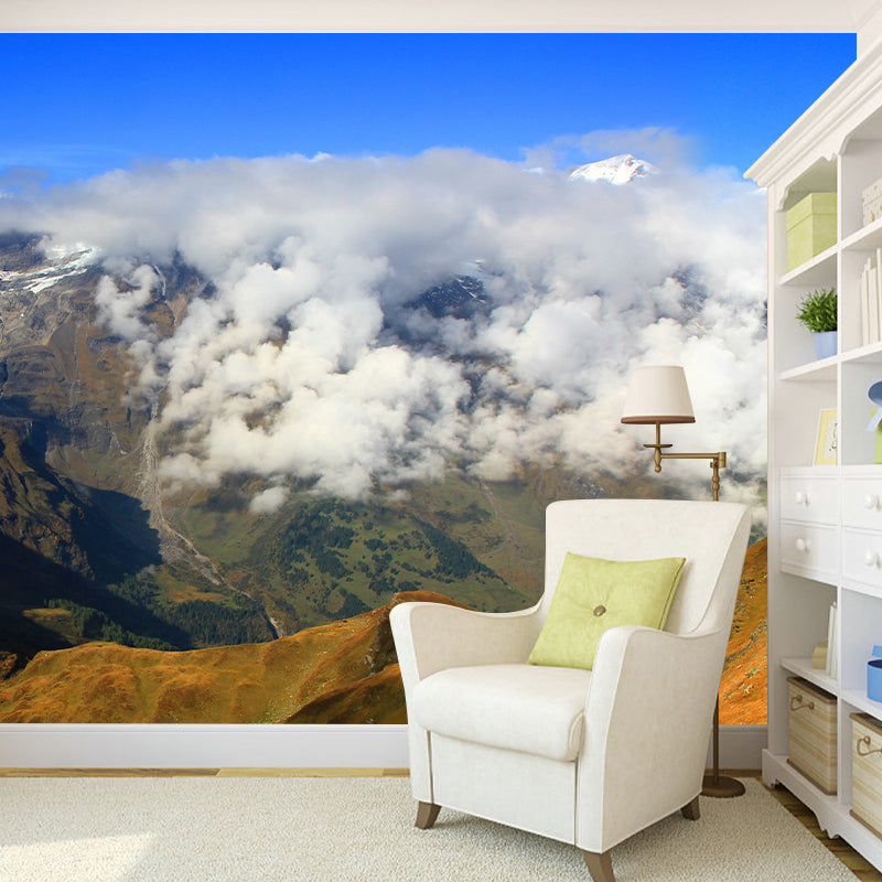 Modern Cloudy Melting Mountain Mural Blue-Brown Stain Resistant Wall Decor for Home