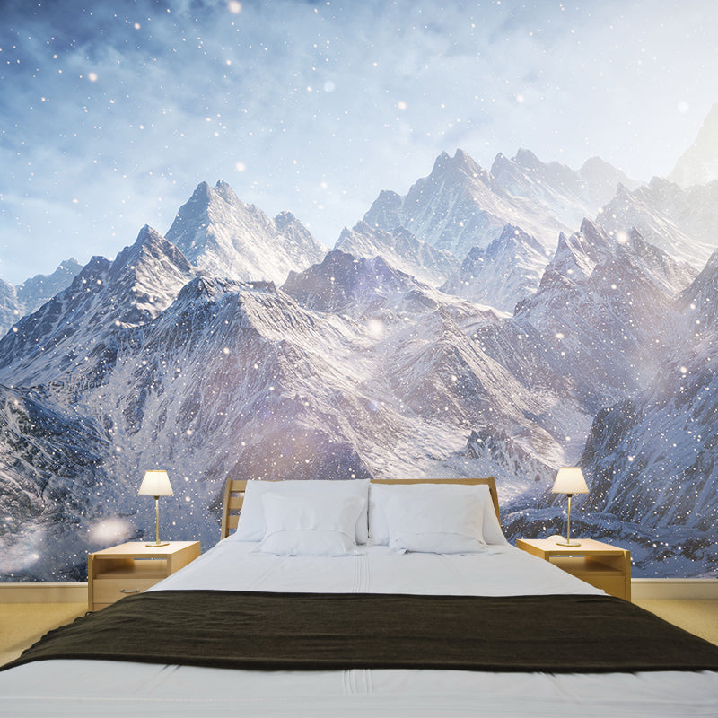 Modernist Snowing Mountain Scenery Mural for Living Room Personalized Wall Art in Grey-White