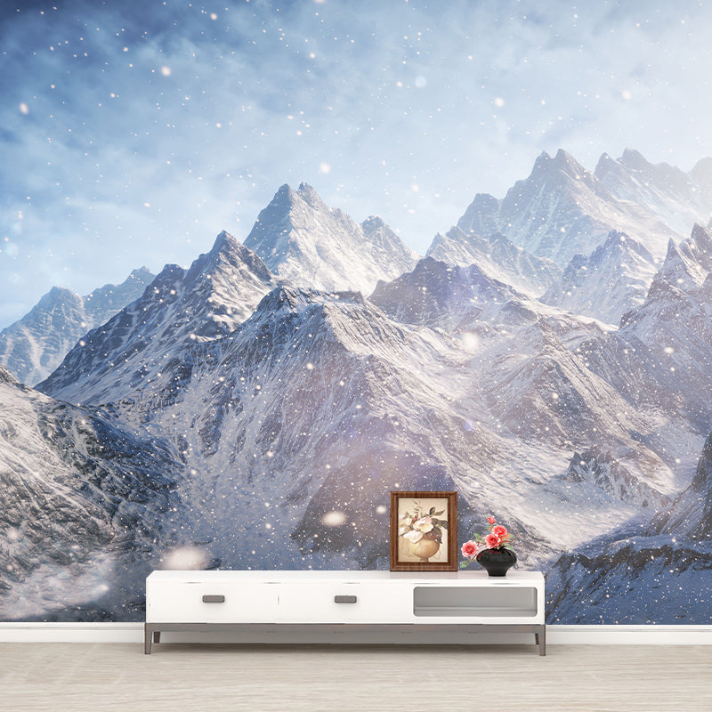 Modernist Snowing Mountain Scenery Mural for Living Room Personalized Wall Art in Grey-White