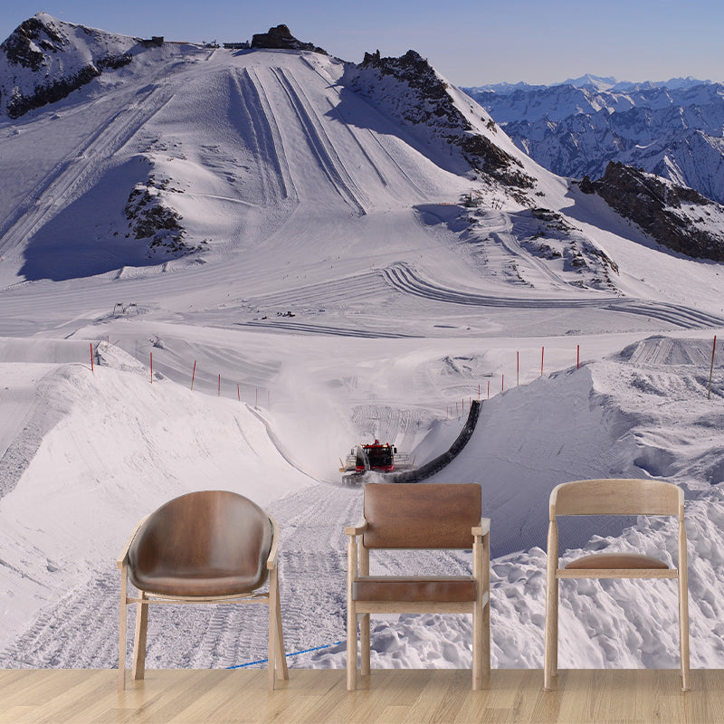 Snow Mountain Construction Mural Wallpaper Modern Non-Woven Wall Decor in Grey-Blue