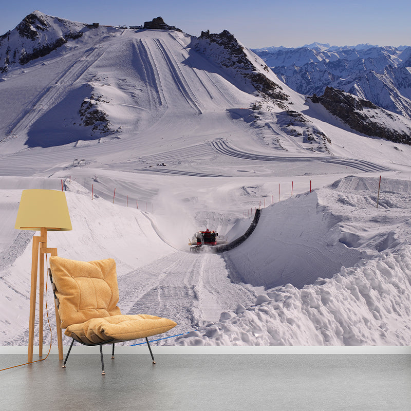 Snow Mountain Construction Mural Wallpaper Modern Non-Woven Wall Decor in Grey-Blue