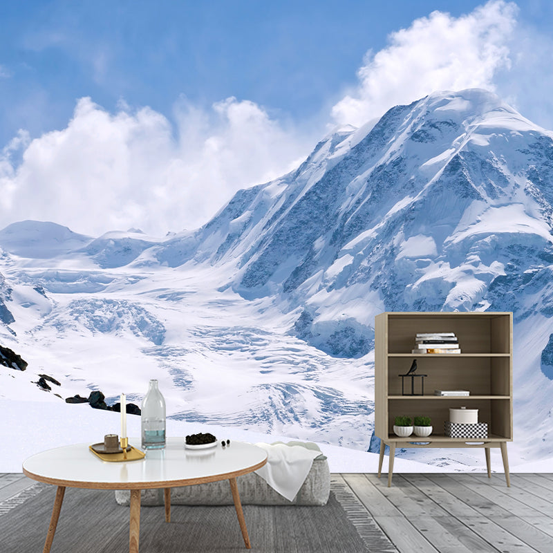 Big Snowy Field Wall Murals for Living Room Mountain Wall Decor in Blue-White, Moisture Resistant