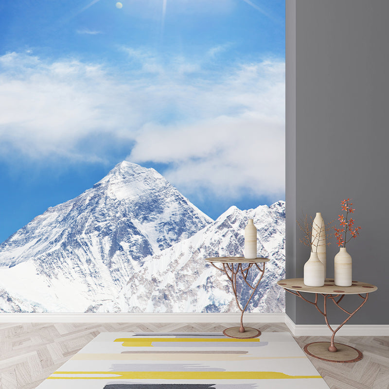 Sun Above Snowy Peak Mural in Blue-White Modernism Wall Art for Living Room, Non-Woven
