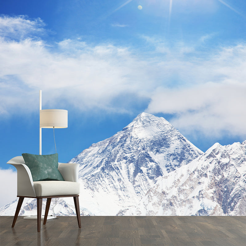 Sun Above Snowy Peak Mural in Blue-White Modernism Wall Art for Living Room, Non-Woven