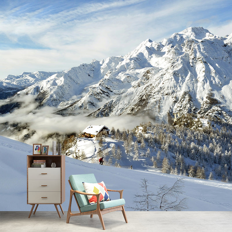Modern Snow Mountain Cabin Murals Non-Woven Waterproof Grey-White Wall Decor for Home