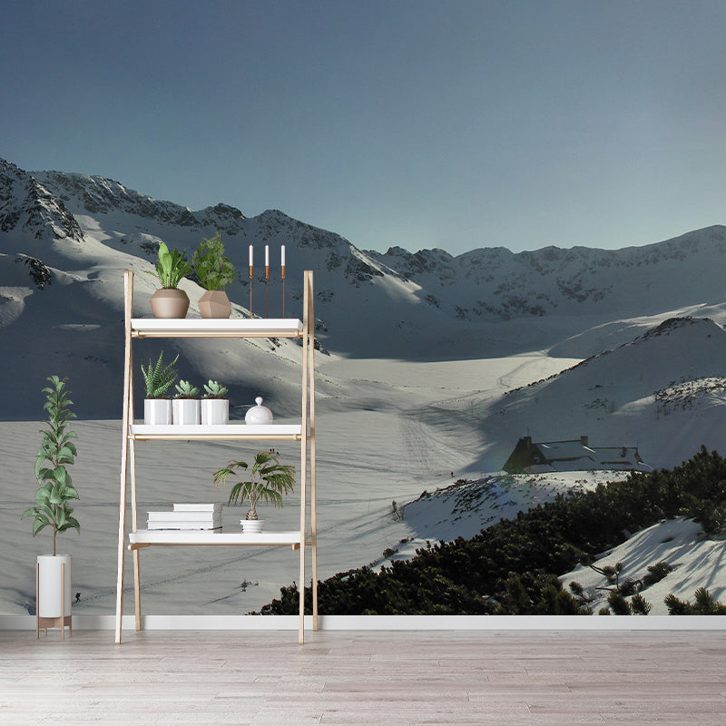 Large Modernist Wall Paper Murals Grey-White Sunrise in Snow Mountains Wall Art, Custom Made