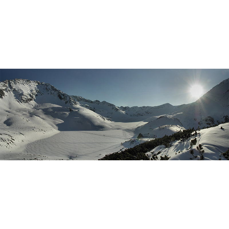 Large Modernist Wall Paper Murals Grey-White Sunrise in Snow Mountains Wall Art, Custom Made