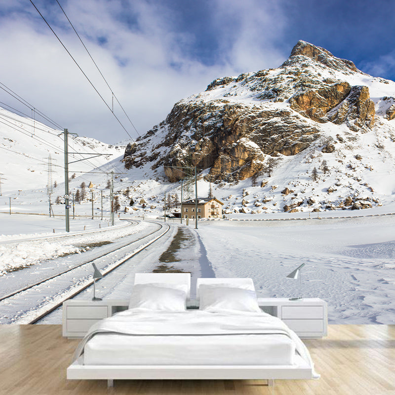 Modern Bypassed Rail Track Murals Blue-White Snow Mountain Scenery Wall Covering