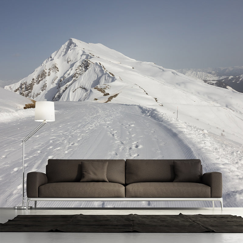 Custom Photo Print Modern Mural Wallpaper with Road to Snow Mountain Pattern in Grey-White