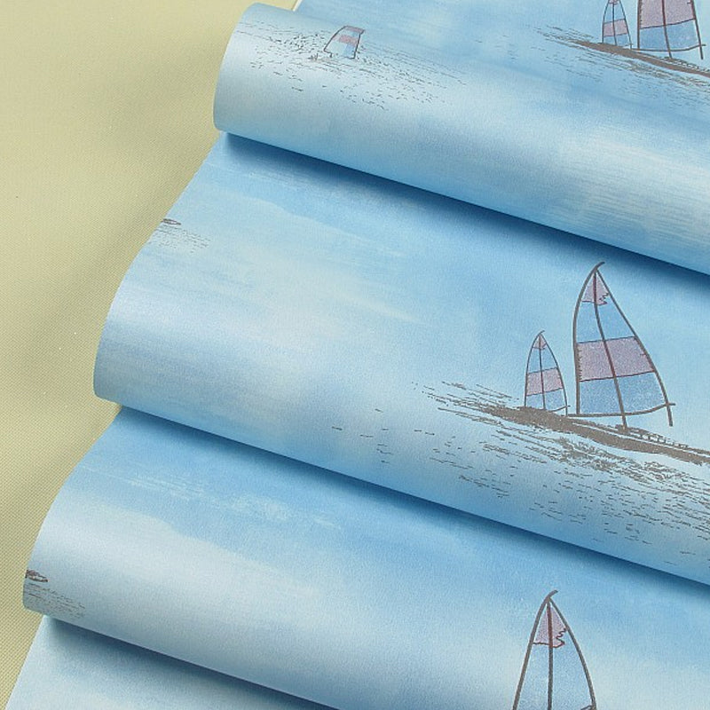 Nautical Sailboat Wallpaper Roll Novelty Smooth Wall Decor for Childrens Playroom