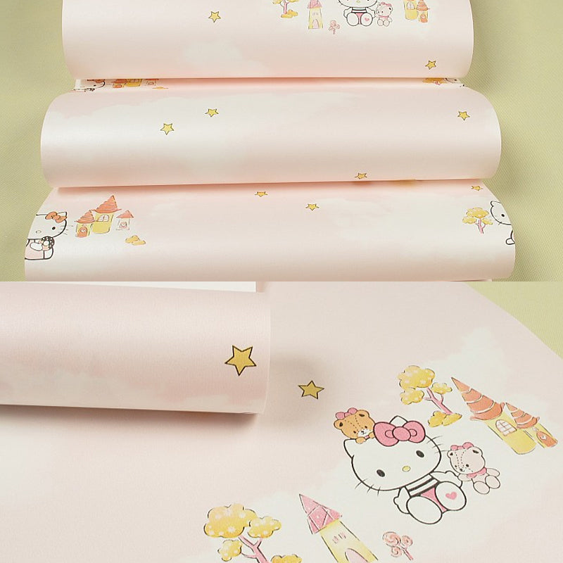 Cartoon Kitten Wallpaper Roll for Kids Room 54.2-sq ft Wall Decor in Pastel Color