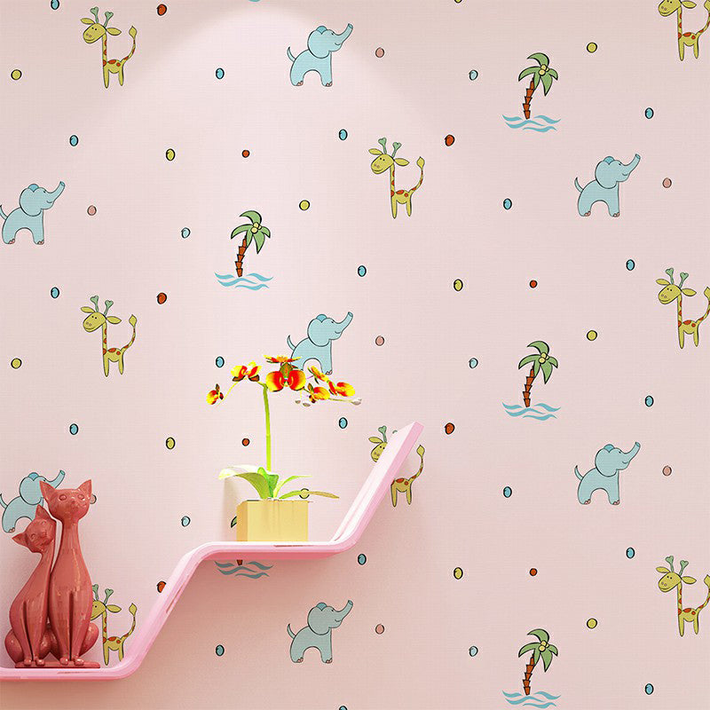 Novelty Kids Wallpaper Roll with Animals Pattern Pastel Color Wall Art for Nursery