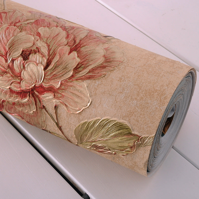 Country Peony Wallpaper Roll Dark Color Living Room Wall Covering, 33' L x 20.5" W