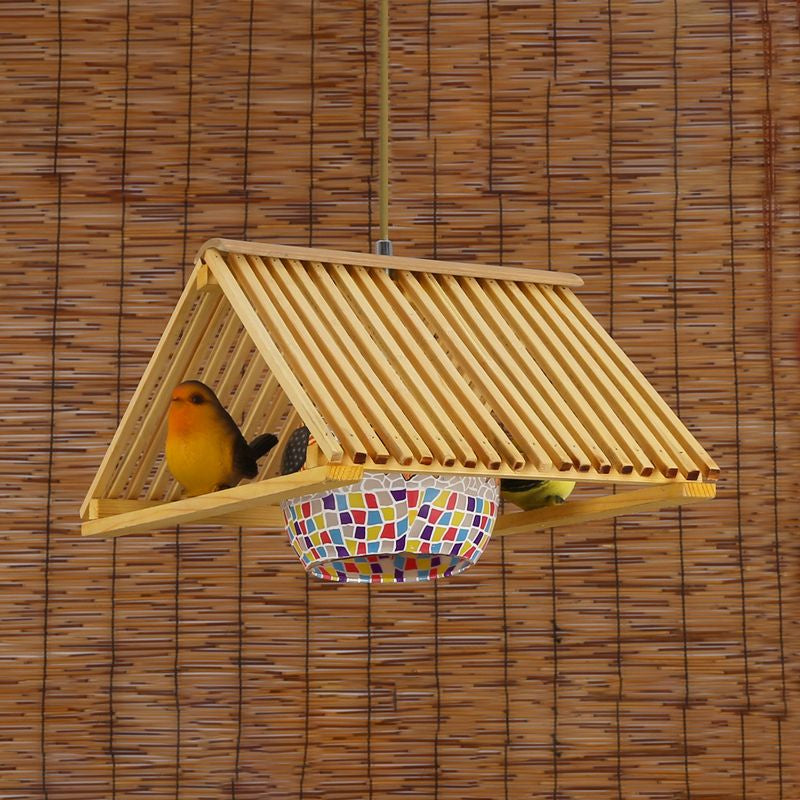 Roof Shaped Hanging Pendant Light Modern Style Wood 1/2-Head Beige Hanging Light Fixture, 16"/19.5" W