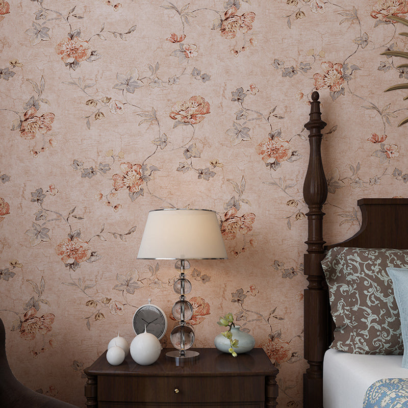 Rustic Peach Flowers Wallpaper Washable Wall Covering for Living Room, Non-Pasted