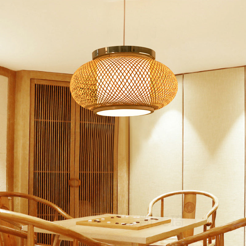 Asian Style 1 Light Hanging Lampe mit Bambusschatten Beige abgerundete Drum -Pendelleuchte, 16 "/19,5" W.