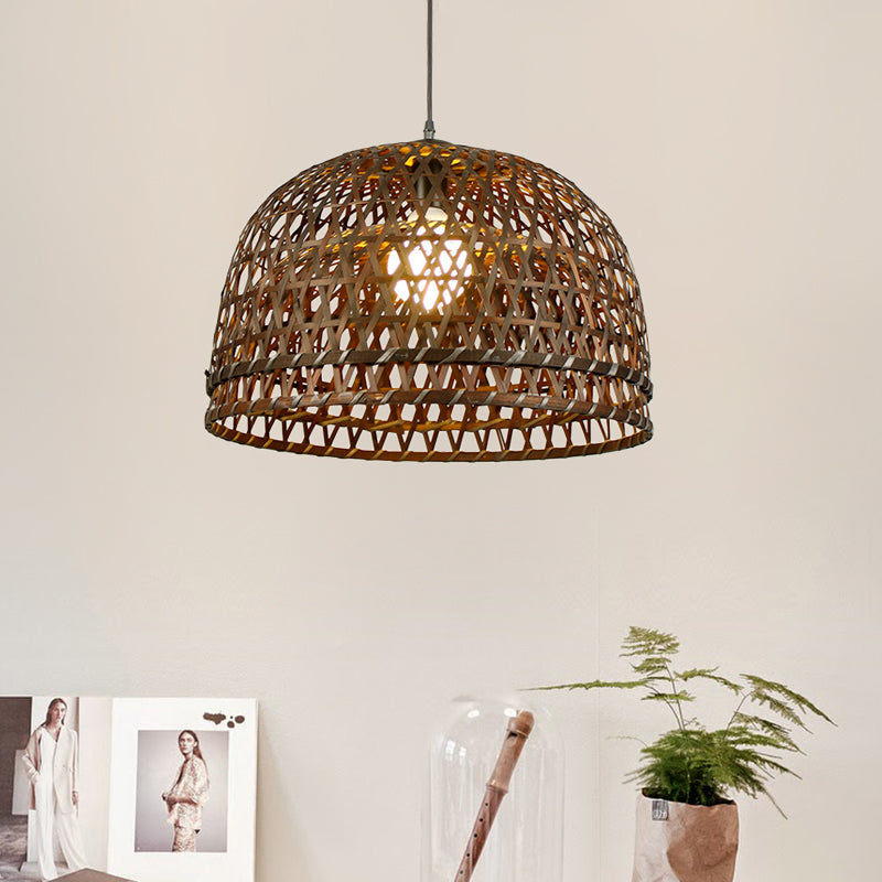 Brown/Wood Dome Shade Hanging Light Modern Style 13"/21" Dia 1 Light Bamboo Pendant Lamp for Restaurant