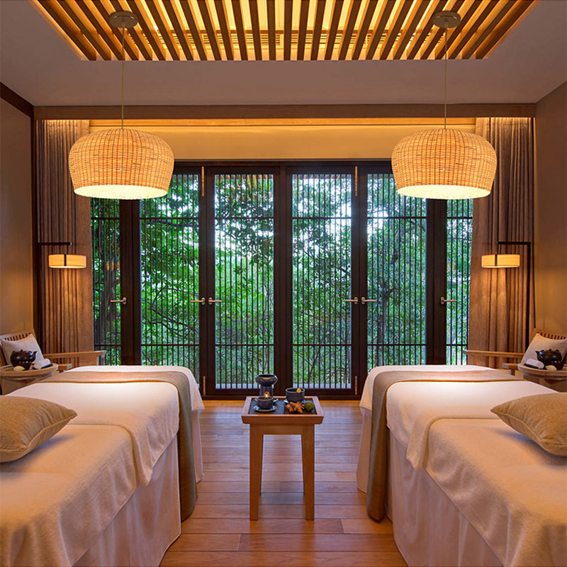 12"/19.5" Wide Dome Woven Bamboo Ceiling Pendant Lamp Asian Single Light Beige Hanging Light for Restaurant Dining Room