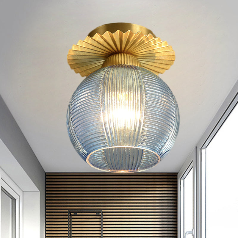 Global Semi Flush Contemporain Clair/Blanc/Bleu Prisme Verre Ampoule Unique Couloir Près du Plafonnier