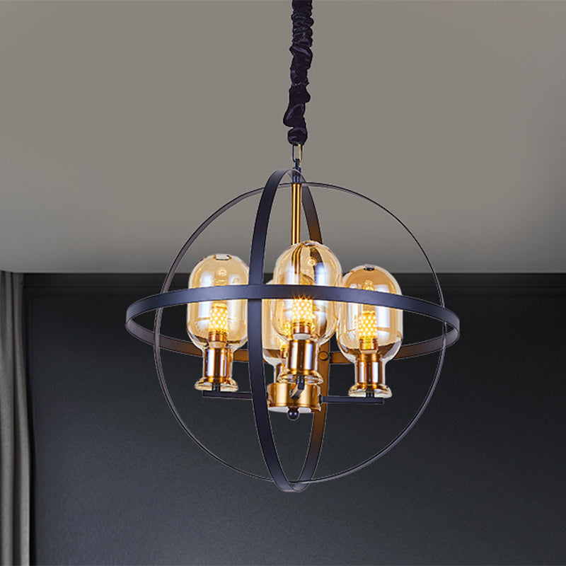 Amber Glass ellips hanger kroonluchter hedendaagse 4/6-licht black-gouden suspensielamp met orb frame ontwerp