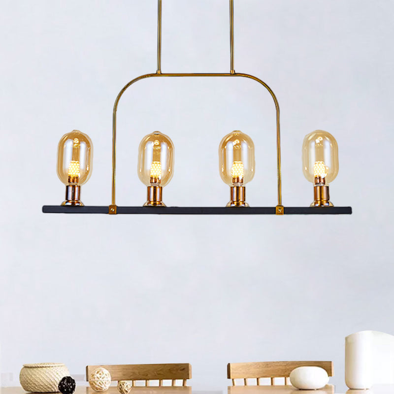 Bulb-Like Island Lighting Post Modern Amber Glass 4-Light Black-Gold Hanging Ceiling Lamp with Metallic Frame