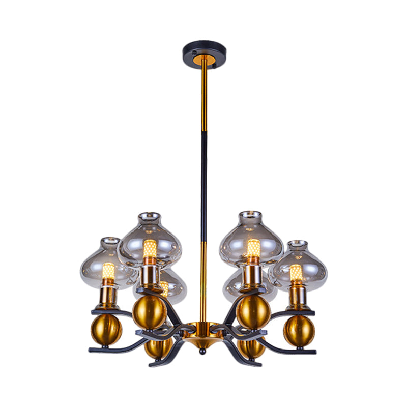 Eenvoud Jar vorm hangende kroonluchter rookgrijs glas 6/8-bulb woonkamer verlichting met gebogen arm in zwart en goud