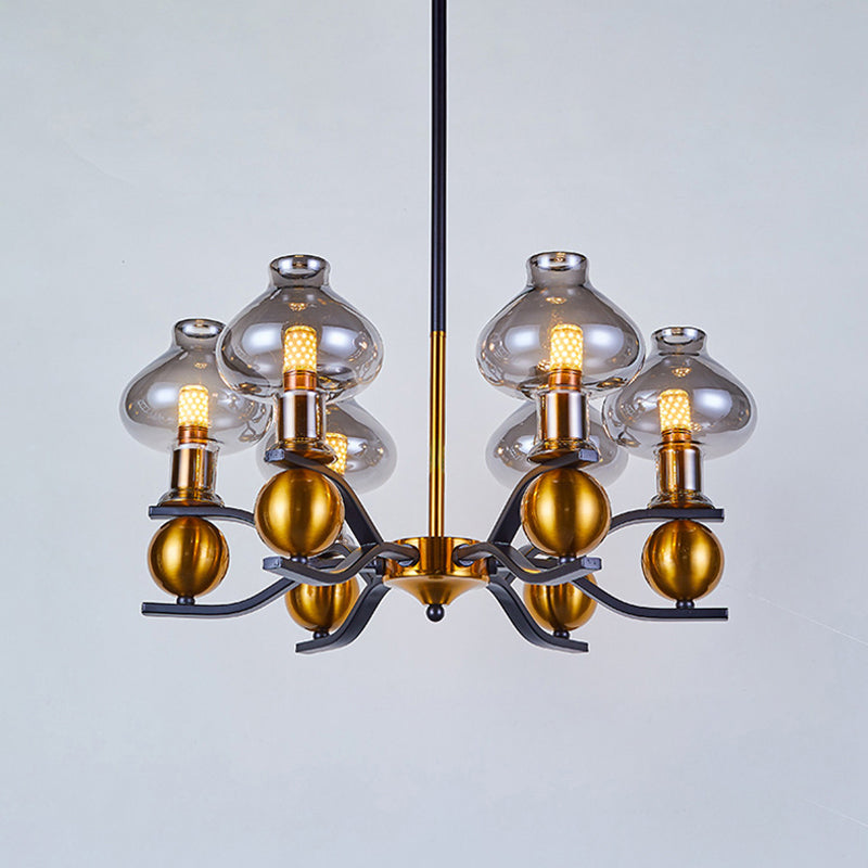 Eenvoud Jar vorm hangende kroonluchter rookgrijs glas 6/8-bulb woonkamer verlichting met gebogen arm in zwart en goud