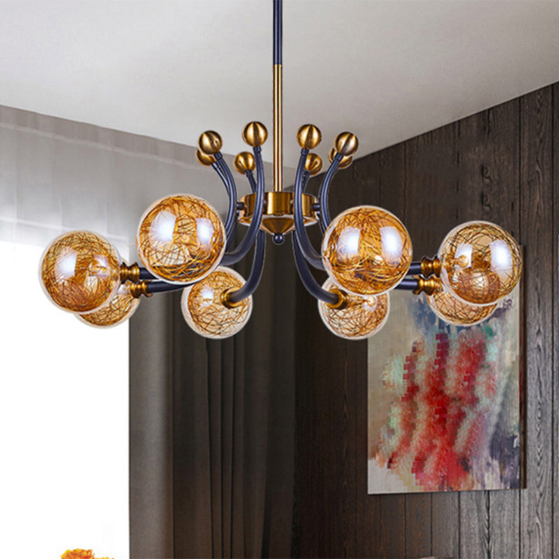 Amber Glass Wereldwijde hanglamp Minimalisme 8/9 Hoofden Black-Gold curvy arm plafond kroonluchter