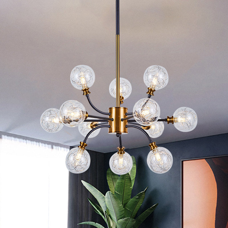 Bubble Suspended Lighting Post Modern Clear Glass 12/16-Light Black and Gold Ceiling Chandelier with Curvy Arm