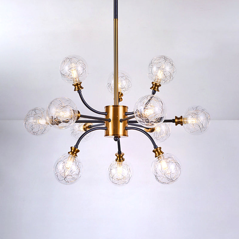Bubble Suspended Lighting Post Modern Clear Glass 12/16-Light Black and Gold Ceiling Chandelier with Curvy Arm