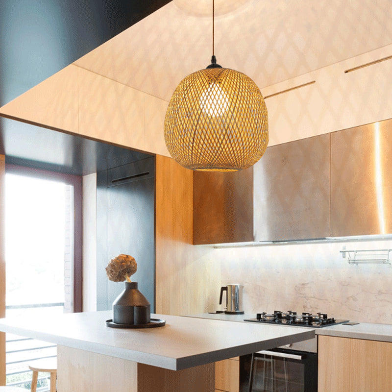 12 "/17" Weitkugel Bambus Anhänger Deckenleichter Chinesisch 1 helles Holz/braunes hängendes Licht für die Kücheninsel
