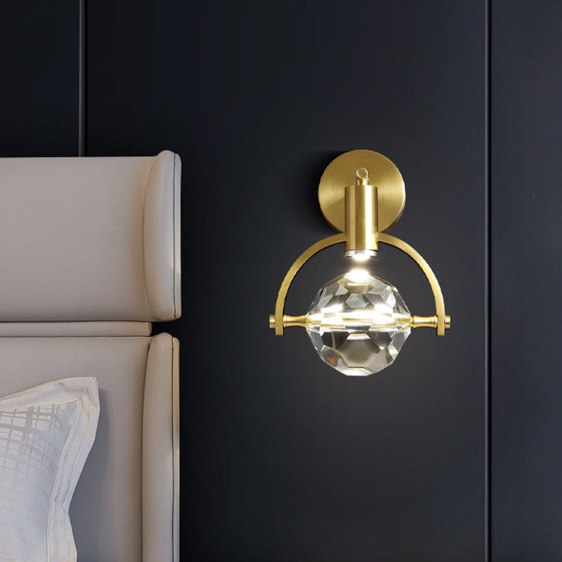 LED Sphere Wall Mount Lamp Modern Gold Translucent Beveled Crystal Wall Sconce Lighting