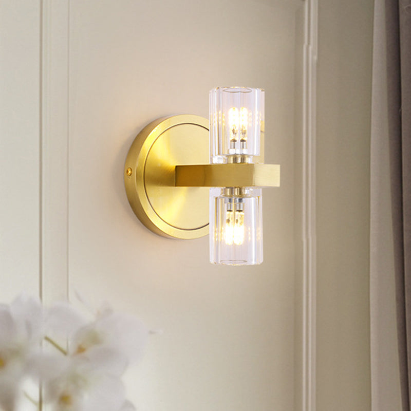 Translucent Crystal Blocks Cylindrical Sconce Modern 2 Heads Drawing Room Wall Lamp in Gold