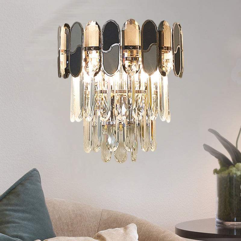2 Heads Flush Wall Sconce Contemporary Tapered Clear Crystal Wall Lamp with Black and Taupe Ornaments