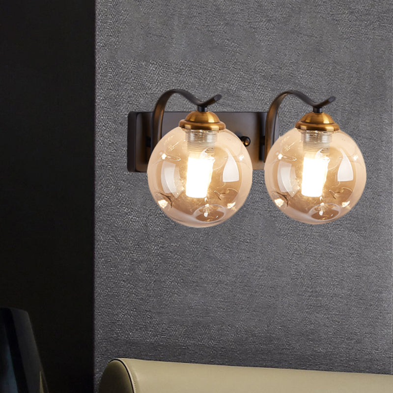 Modernist Bubbly Wall Sconce Amber/Smoke Gray Glass 1/2-Bulb Drawing Room Wall Mounted Light in Black/Gold