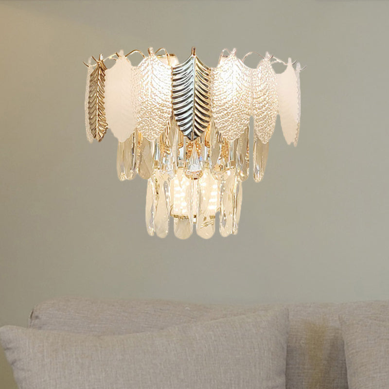 3 têtes appicin de mur effilé Light Light moderne Clear Crystal Murd Murd Murd With Golden and Acrylic Feuilles