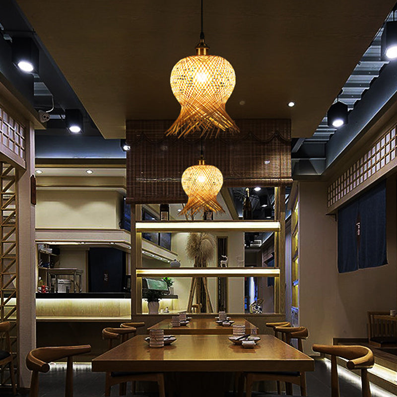 Jellyfish Shape Hand-Woven Bamboo Hanging Lamp Asian 1-Light Beige Pendant Light for Restaurant