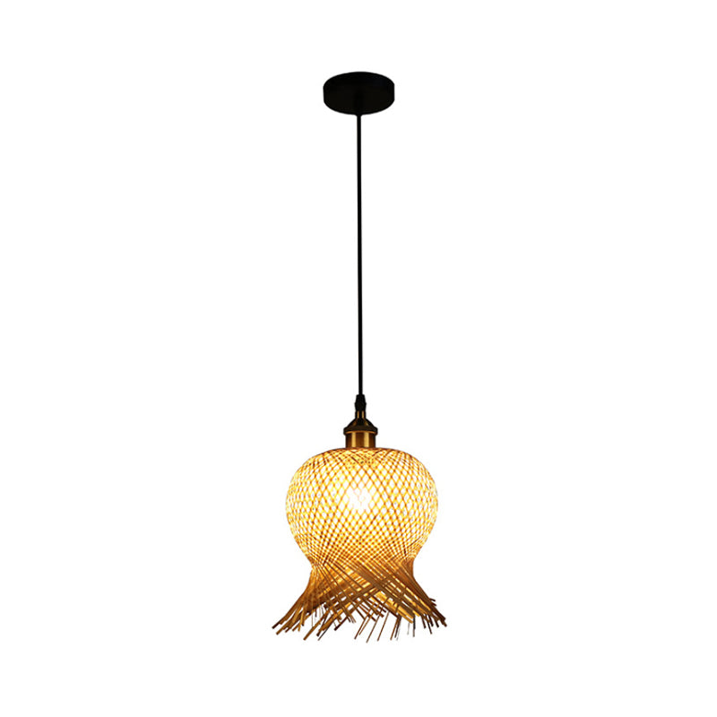 Jellyfish Shape Hand-Woven Bamboo Hanging Lamp Asian 1-Light Beige Pendant Light for Restaurant