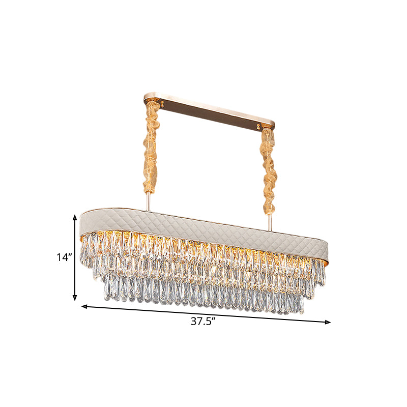 Drum Crystal Drops Island Lighting Modern 12 Heads Dinning Room Pendant with White Leatherwear Detail