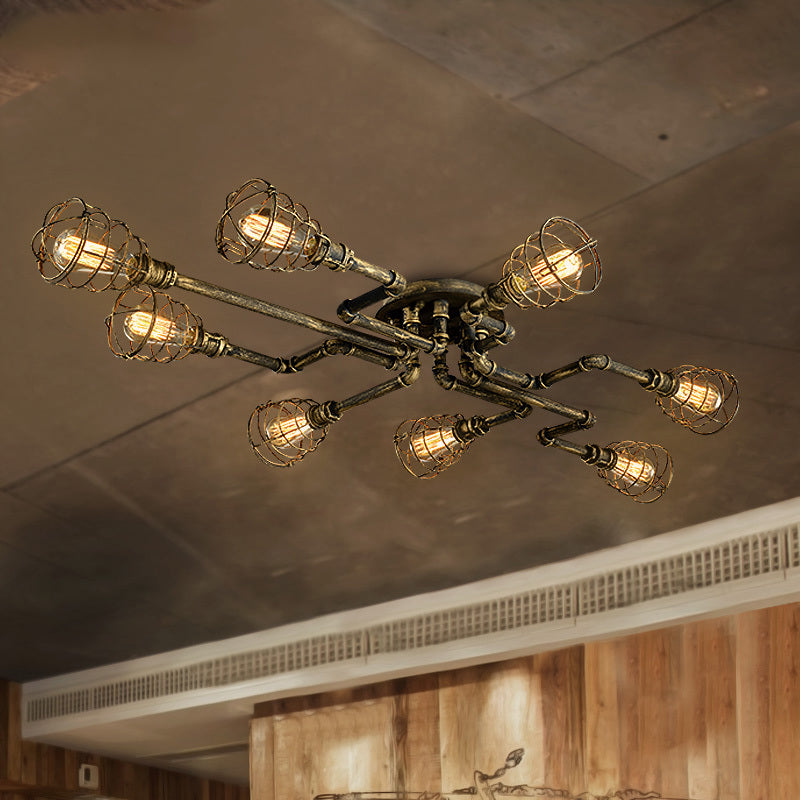 Bronzen gedraaide pijp dicht bij plafondlamp met kooikap Antieke stijl metalen 8-lichts plafondverlichting voor binnen