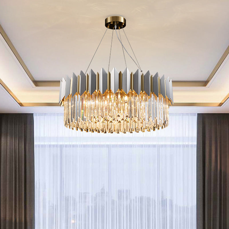 Contemporary Round Ceiling Pendant 8 Heads Clear Crystal Prisms Chandelier Light Fixture in Gold