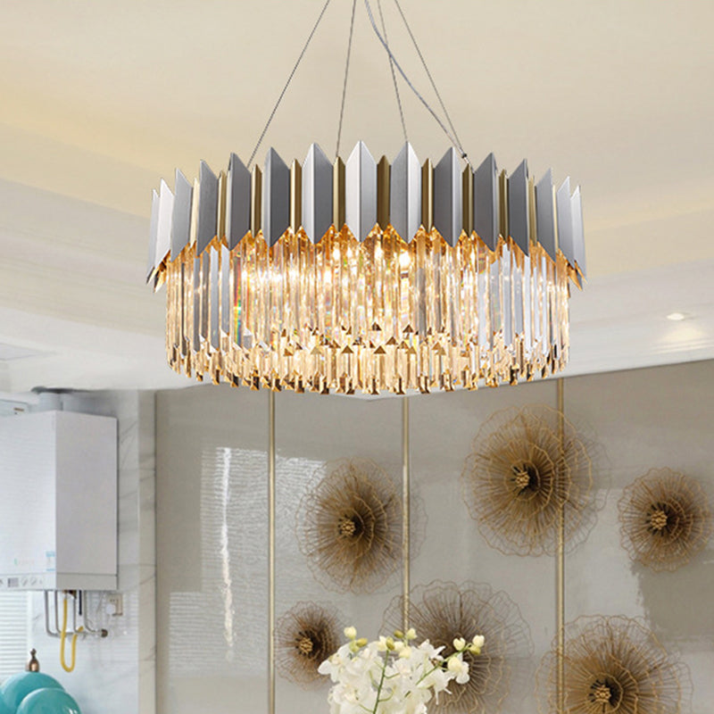 Contemporary Round Ceiling Pendant 8 Heads Clear Crystal Prisms Chandelier Light Fixture in Gold