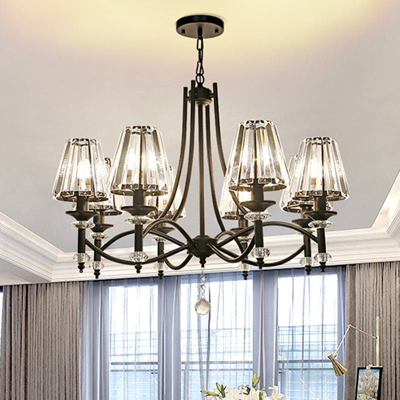 8 Heads Hanging Light Fixture Modern Swirled Arms Crystal Tapered Shade Chandelier in Black with Rounded Glass Ball