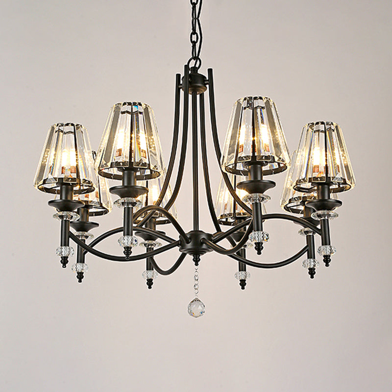 8 Heads Hanging Light Fixture Modern Swirled Arms Crystal Tapered Shade Chandelier in Black with Rounded Glass Ball