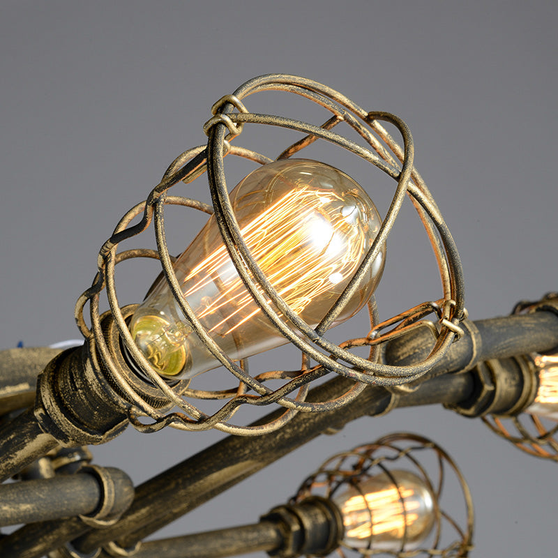 Tubo trenzado de bronce cerca de la lámpara de techo con pantalla de jaula Iluminación de techo interior de metal de estilo antiguo con 8 luces