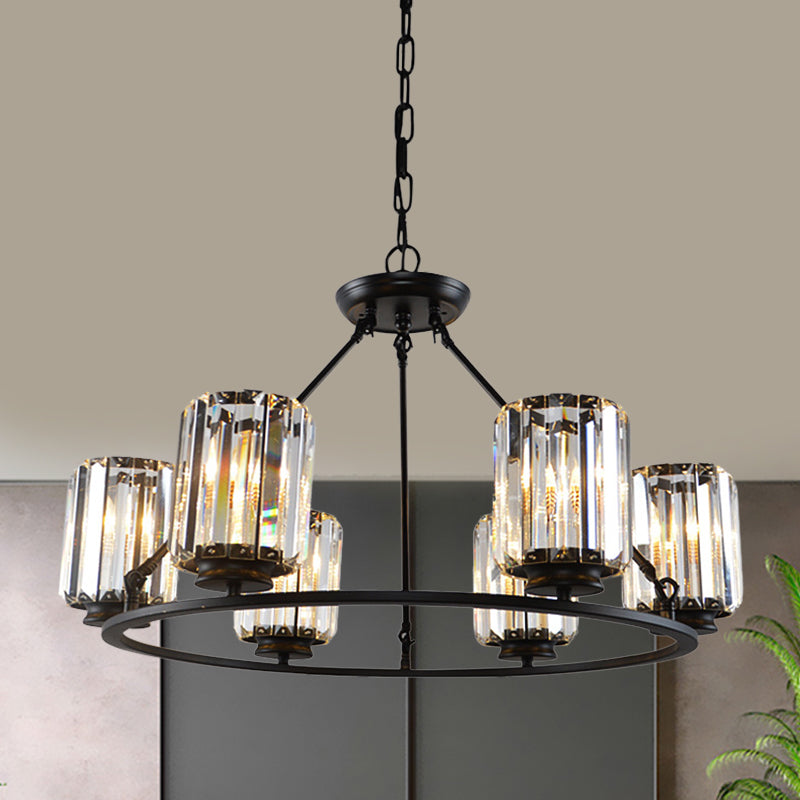 Chandelier de plafond à anneau contemporain 6/8 bulbes Clemper Crystal Cylinder Shade Suspension Lampe en noir