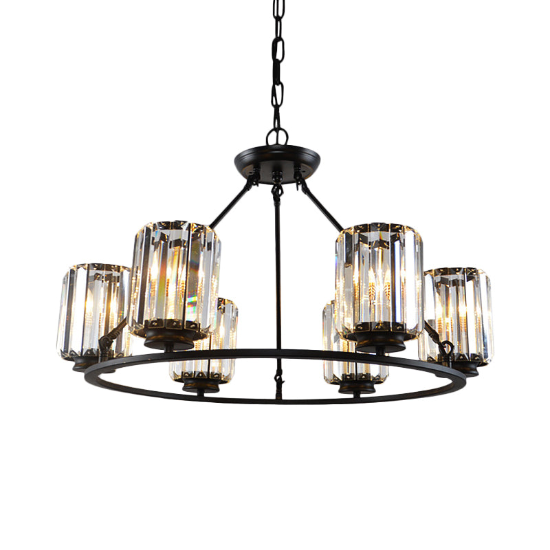 Contemporary Ring Ceiling Chandelier 6/8 Bulbs Clear Crystal Cylinder Shade Suspension Lamp in Black