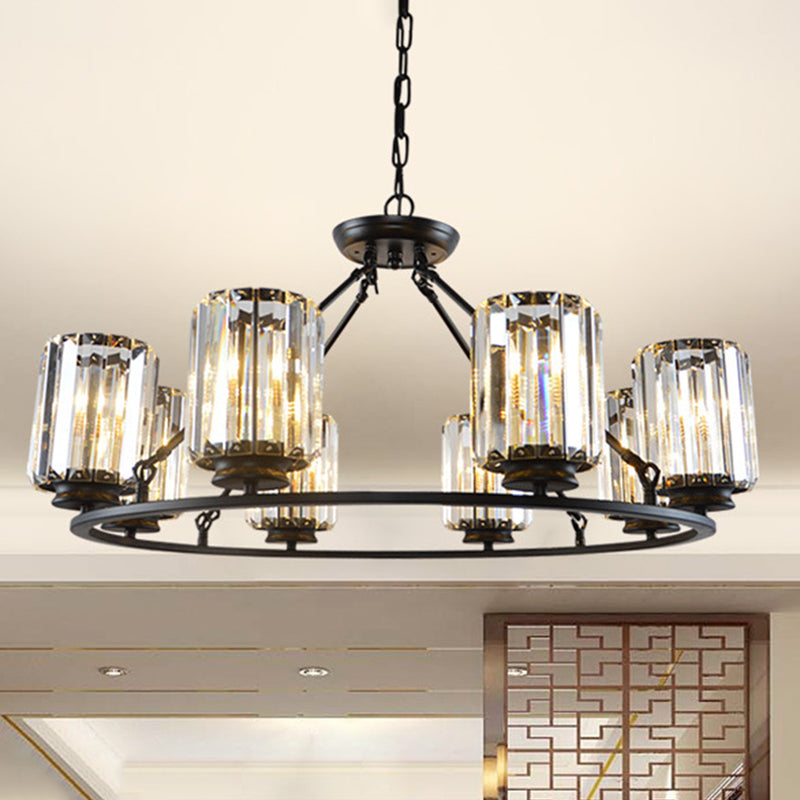 Chandelier de plafond à anneau contemporain 6/8 bulbes Clemper Crystal Cylinder Shade Suspension Lampe en noir