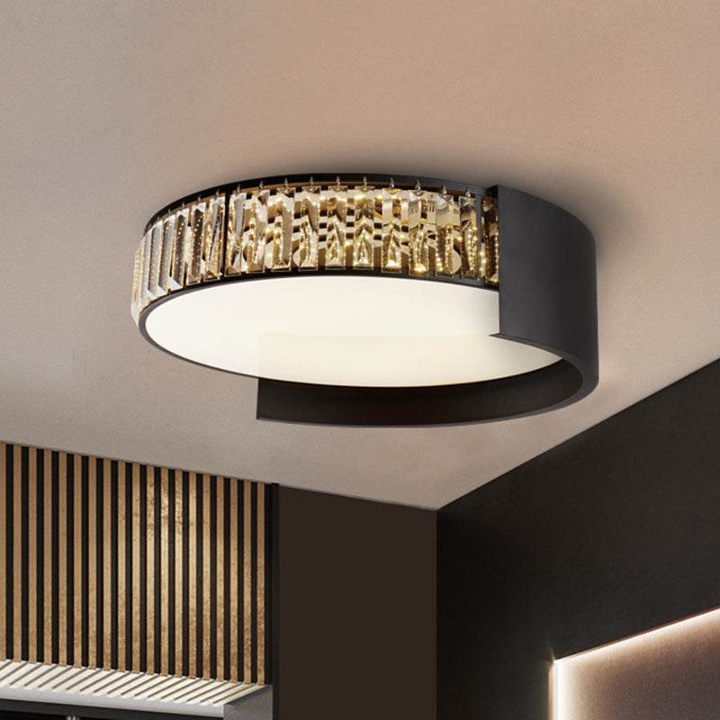 LED Round Flush Mount Modern Black Finish Crystal Blocks Ceiling Lamp in White/Warm Light, 16"/23.5" Wide